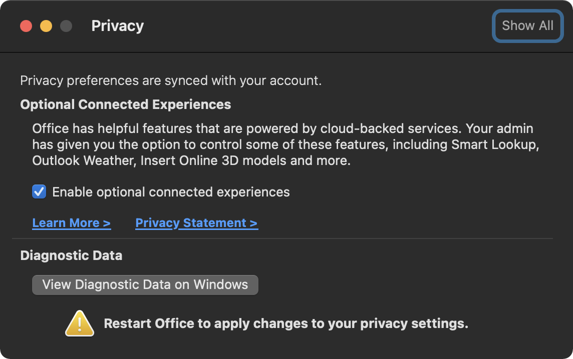 Habilitar experiencias conectadas opcionales