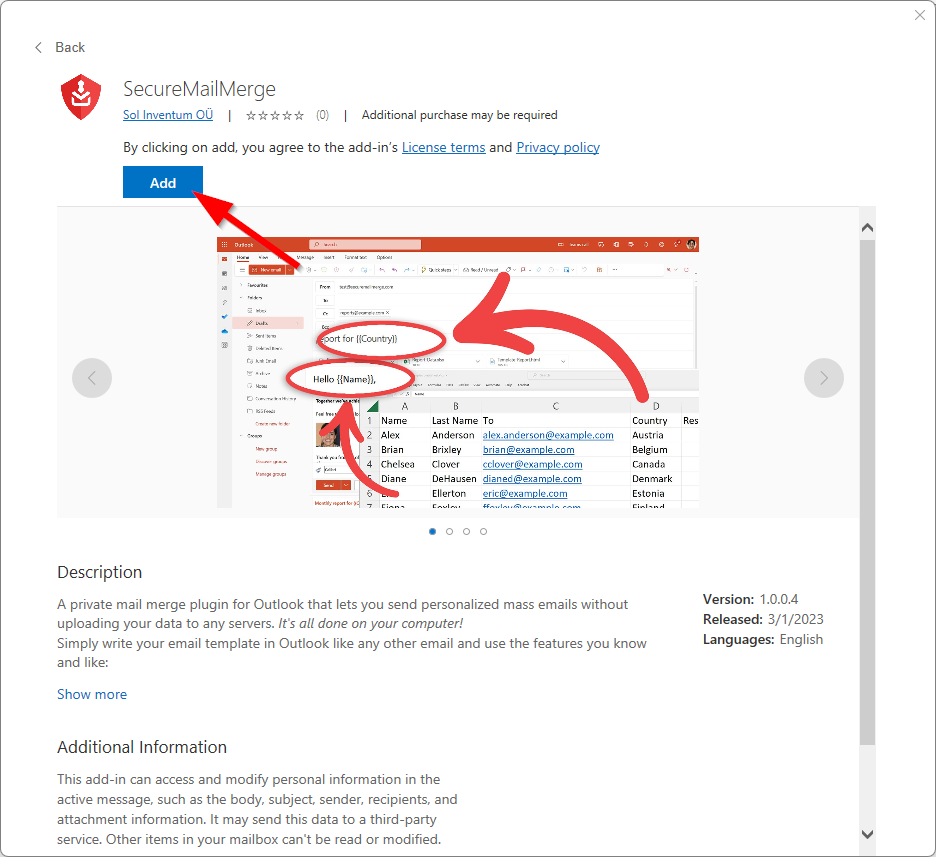 Captura de pantalla de la página del producto SecureMailMerge