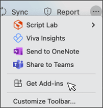 Captura de pantalla del botón Obtener complementos en Microsoft Outlook en macOS