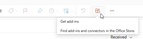 Captura de pantalla del botón Obtener complementos en Microsoft Outlook en la Web