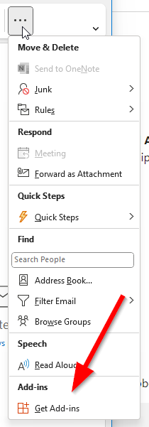 Captura de pantalla del botón Obtener complementos en Microsoft Outlook