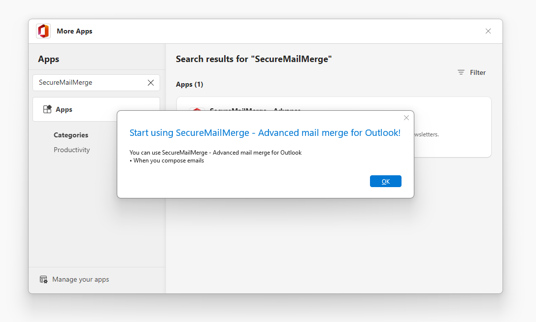 Captura de pantalla de un SecureMailMerge instalado correctamente