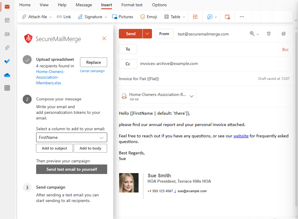 Screenshot of SecureMailMerge for Outlook advanced mail merge
