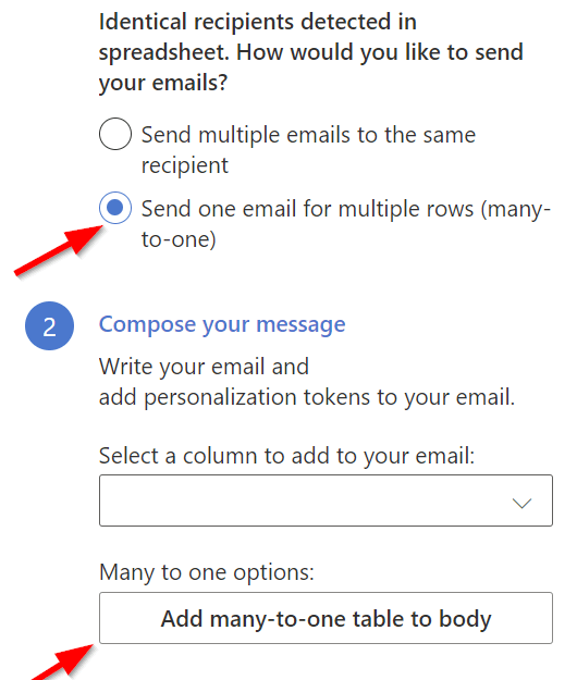 The many-to-one choice and Add many-to-one table to body button