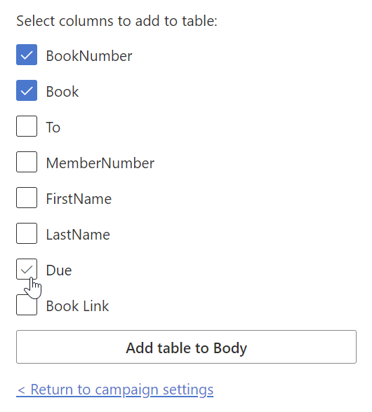 The many-to-one table wizard with selected columns and the Add table to Body button