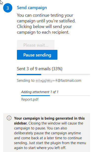 Captura de pantalla de una campaña siendo enviada