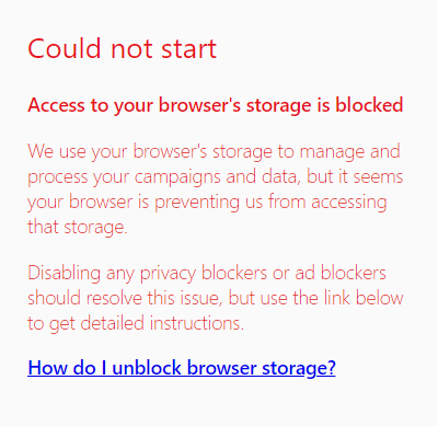 Captura de pantalla del error de almacenamiento del navegador bloqueado