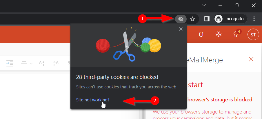 Captura de pantalla de una activación de cookies de terceros en Chrome