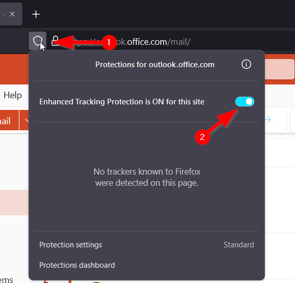 Captura de pantalla de la desactivación de la protección mejorada contra el rastreo en Firefox
